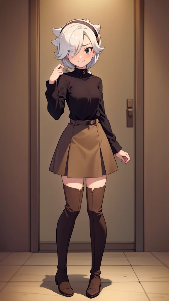 brown hair、looking at the viewer suspenders Bulging big breasts Black miniskirt garter belt knee high socks Gaze small face bangs Beauty hands up Gaze black boots provocation armpit sweat one person put your hands behind your back cutter shirt Panty shot