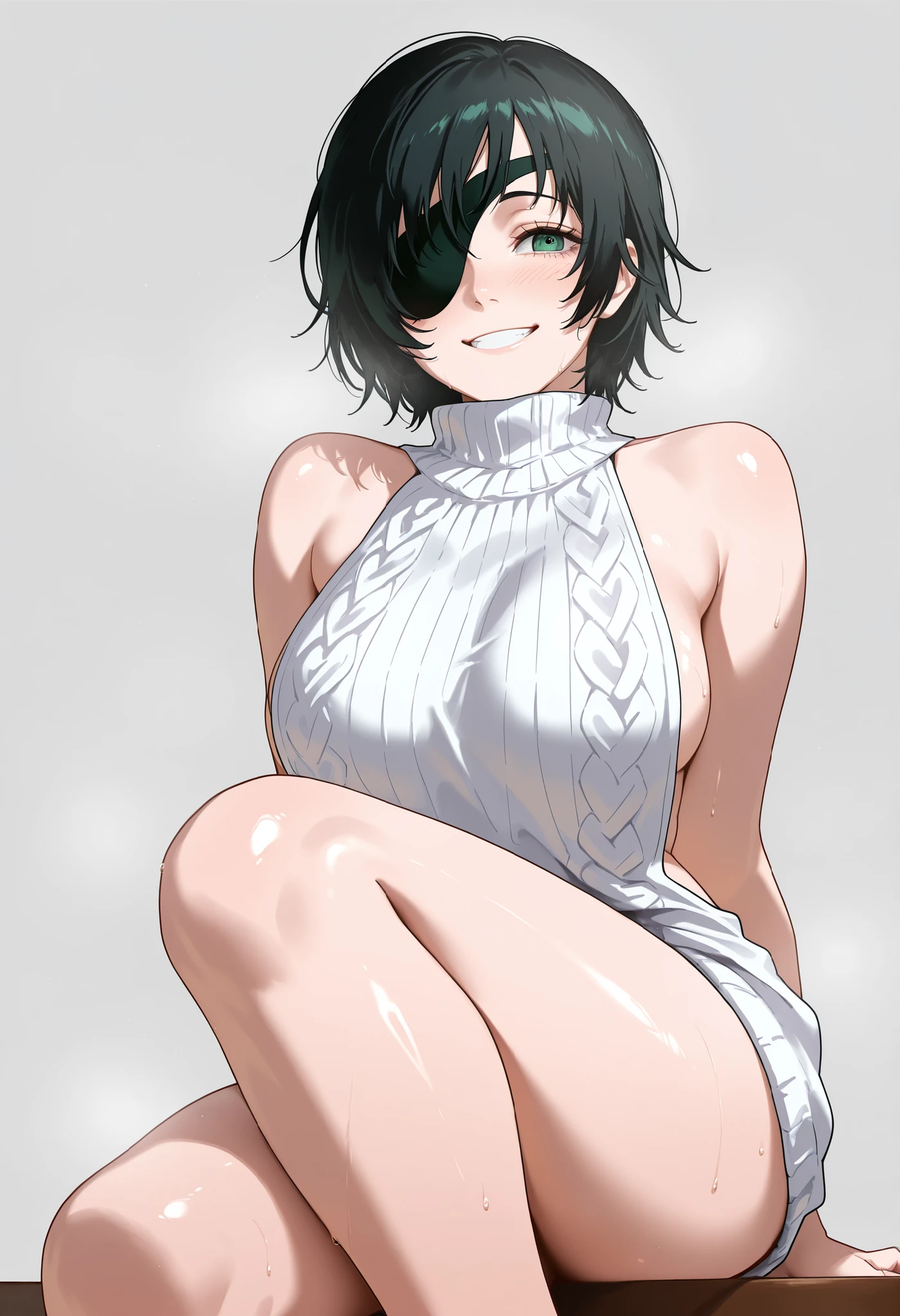 masterpiece, best quality, amazing quality, Sharp images, bright colors, beautiful light and shadows, 1girl, (Himeno , Chainsaw man, green eyes, black hair), wearing  white virgin killer sweater, very happy smile, medium up shot, simple background, medium size  , golden ratio face, sexy pose, Pinkish skin tone, smooth and soft skin, shiny skin, sitting down,  bottom view,  side view, sexy feets, good smell effect, naked lower body