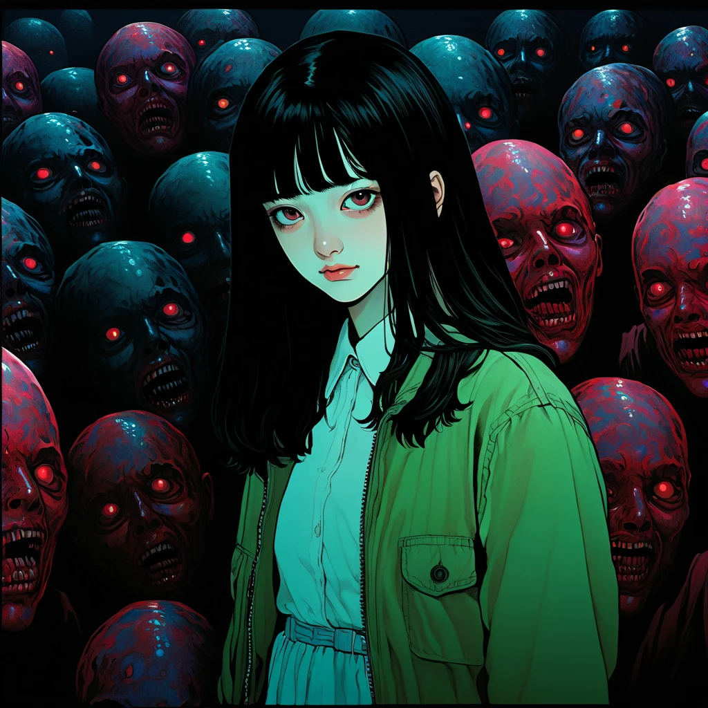 illust、art、from 80s horror movie, directed by Junji Ito、nightmare、high detail, realsitic shadow、Analog style, vhs style, 8mm film, chromatic aberration, Dvd screengrab、Blue-purple and red-purple gradation、Surrealism