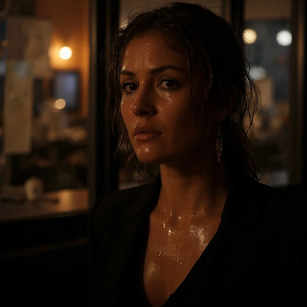 40 year old matured wavy long hair beautiful woman in a cafe at night leaning on window while sitting, bright room, face close up, face sharp focus,real model, real people, real scene, real skin texture, Hyperrealistic,Photorealistic image, dynamic lighting, volumetric illumination, 4 K, awarded, real scene, 、Wide Chest , ((Beautiful actress cold face )) , sharp focus , ( 8K ultra HD :0.8), more details, RAW amateur photo neck, And a sweaty face , Beautiful Actress Scandals , sex,seat,(( sweaty chest and décolletage , sweaty skin,Sweaty, shiny skin)),(( Wet Filter))