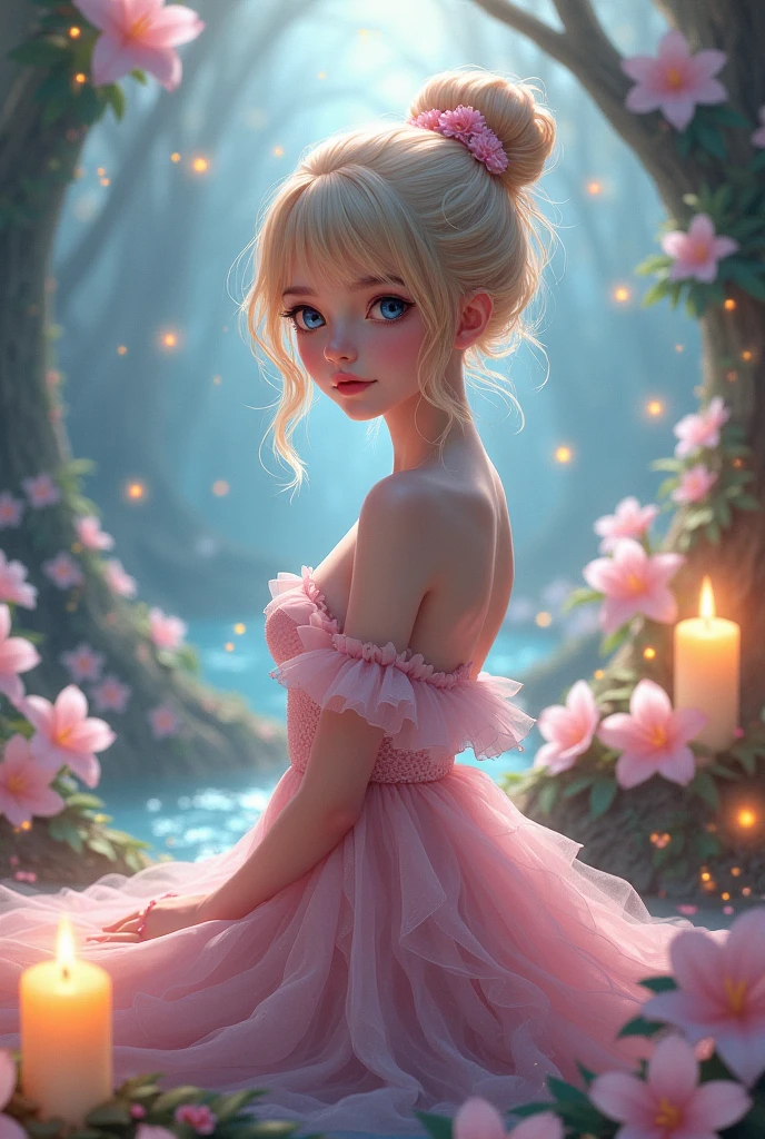 1girl, solo, full body, (masterpiece:1.21), (best quality:1.2), colorful, (illustration:1.2), (cinematic lighting:1.1), (bare shoulders:1.21), (collarbone:1.21) in this whimsical A beautiful and dreamlike garden, the scene is illuminated by a rainbow (colorful fireflies) dancing in the air. Pastel (drizzle) adorns the garden, creating a hazy and ethereal atmosphere. In the center of the picture, stands a single girl, an extremely beautiful girl, with lovely facial features and an innocent expression. Her long hair fluttered in the wind. She wore a low-cut strapless dress that accentuated her curves. The lighting is very delicate and beautiful, creating a soft warm glow that accentuates the water and makes it sparkle like a diamond. The finest grasses are also illuminated to create a lush carpet. The garden is surrounded by colorful flower fields with flowers of all colors and shapes. Various colors and sizes (coloured butterflies) can be seen flying around the scene, adding to the overall sense of wonder and magic. (Everyone, judges), a blush can be seen on the bridge of the nose, and the mouth is slightly opened, which adds to the overall sense of innocence and youth. Falling petals can be seen waving around her, adding to the overall sense of romance and beauty. The breeze is blowing, the leaves are rustling, and the flowers are swaying, adding to the overall dynamism and vitality. It is a scene of pure wonder and magic, full of color and beauty, where the viewer can lose themselves in this enchanting and captivating world.