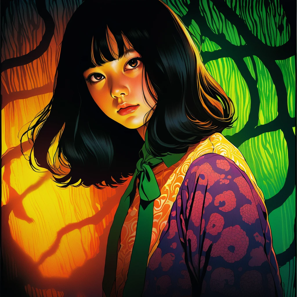 An illustration、art、80s Thai horror movie poster, Supervised by Junji Ito、(forest:1.2)、expensive 、Attention to detail, Realistic Shadows、Analog Style, chromatic aberration, Surrealism、Complementary Gradient、A woman with snake hair drinking Islay malt