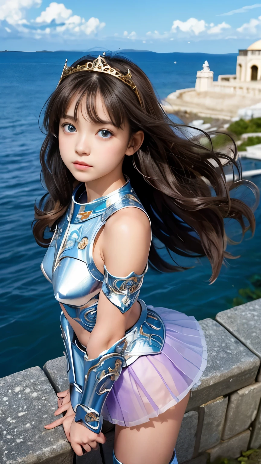 masterpiece, 8k, 最High Quality, intricate details, Ultra Detailss, 超high resolution, (makeup: 0.4), (ふわふわのblue eyes: 1.21), ((full body)), ((muscles: 1.1)), (( orbital space: 1.3)), standing, high resolution, Ultra Details, EF24-70mm f/2.8L II USM, 最High Quality, High Quality, 1 girl, Japanese girl, alone, cute, beautiful, charming,tiara、Bare hips in a flipped skirt、(low angle), (((fluttering short see-through skirt))), 18 years old, 若い女性がstanding, realistic detail floating on the sea with a Greek temple in the background, Gold, wavy hair with a graceful expression, soft flowing hair, Realistic details, Smooth face, blue eyes, Shiny purple armor, Armor with gold engraving, curved shoulder brace , arm guards, A short layered skirt, Short wavy skirt, The chest section of her armor is shaped like a curved board that follows the contours of her body、covering her forehead, Created with, Lightweight metal boots with foot guards, sleek design, foot guards, a scarf that gently wraps around the neck and flutters in the wind. The style of this illustration is、blue sky and white clouds, Metal texture of the armor, Softness of the scarf, And natural light reflecting off the water.(((A very young looking girl:1.5))),((nsfw))