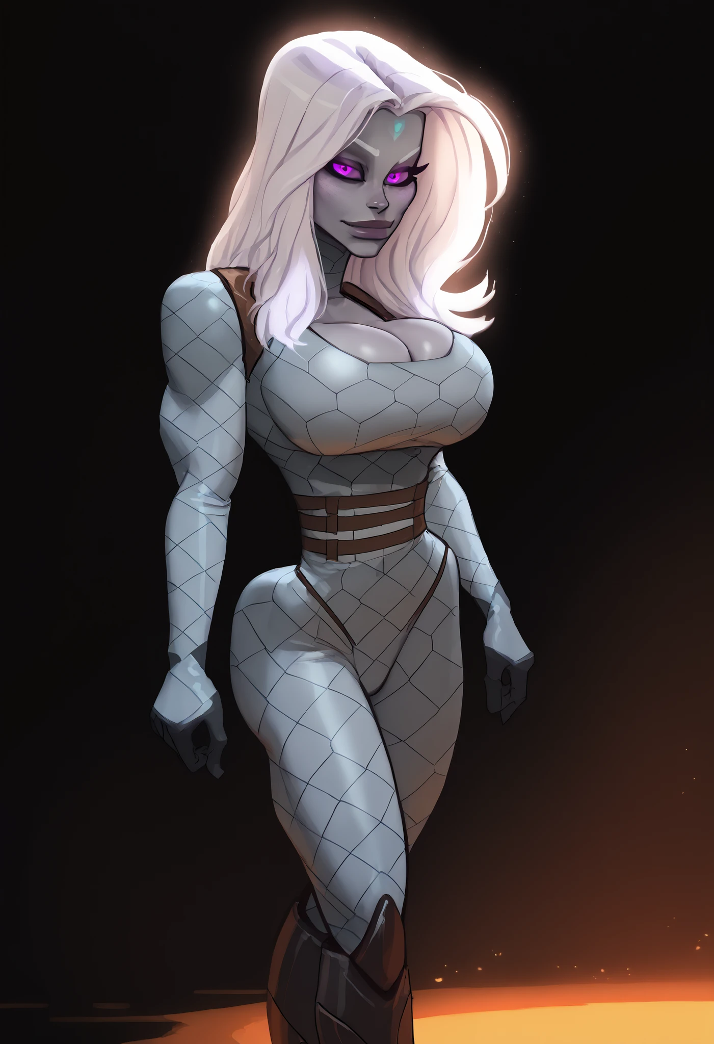 Hot silver haired grey skin alien female milf fit slut wearing hexagonal pattern bodysuit, strong physique yet retains feminine curves, thicc fit, accurate body shape, strong legs, purple eyes, cleavage