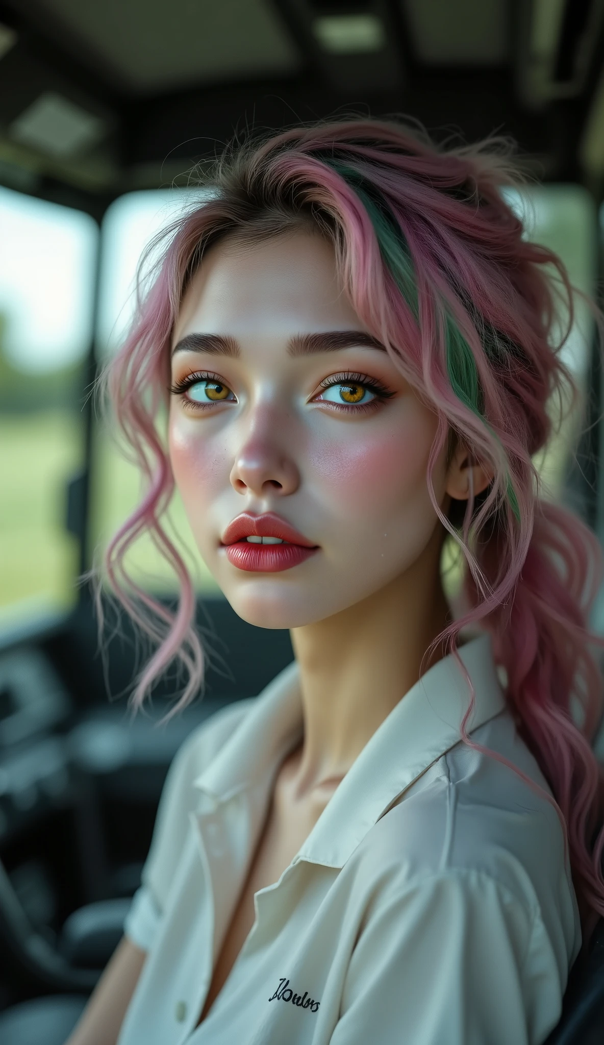 Realistic ((Photorealistic realism)), Hyper high resolution, ((Hyper insanel quality, epice masterciece, intricately detailed digital art)),((focus on extremely Realistic Proportion Body:1.3), ((full body photo)), perfect pear shape with her friends, pink and green hair, long ponytail hair, ((sharp focus, no blurry eyes, Hyper absurd quality, Hyper details,Hyper realistic yellow eyes:1.4)), (perfect round eyes), (finely detailed pupils, (extremely fine details pupils)), pink lips, clean skin, pale skin, golf, 그녀는 프로 golf 선수이다, She is traveling in a car to hole 1, Mobile vehicle, She is wearing a white shirt, a black short skirt, and black sneakers, There is a blush on her face, Happy expression, dslr, high quality split lighting, sharp focus captured by Fujifilm XT3, f 5.6,(perfect composition),((look at the viewer)), HDR, UHD, studio lighting, physically-based rendering, vivid colors, (Rendering engine: "Unreal Engine 5 path tracing, 16K texture maps") The ultra-Highres,Unreal 5,Subsurface scattering,PBR Texturing,Post-Processing,Anisotropic Filtering,depth of fields,Maximum Sharpness and Sharpness,multi-layered texture,Albedo and Specular maps,Surface Shading,Precise simulation of light-material interactions,perfectly proportions,Octane rendering,Two-tone illumination,Wide Aperture, low ISO, white balance, The rule of thirds