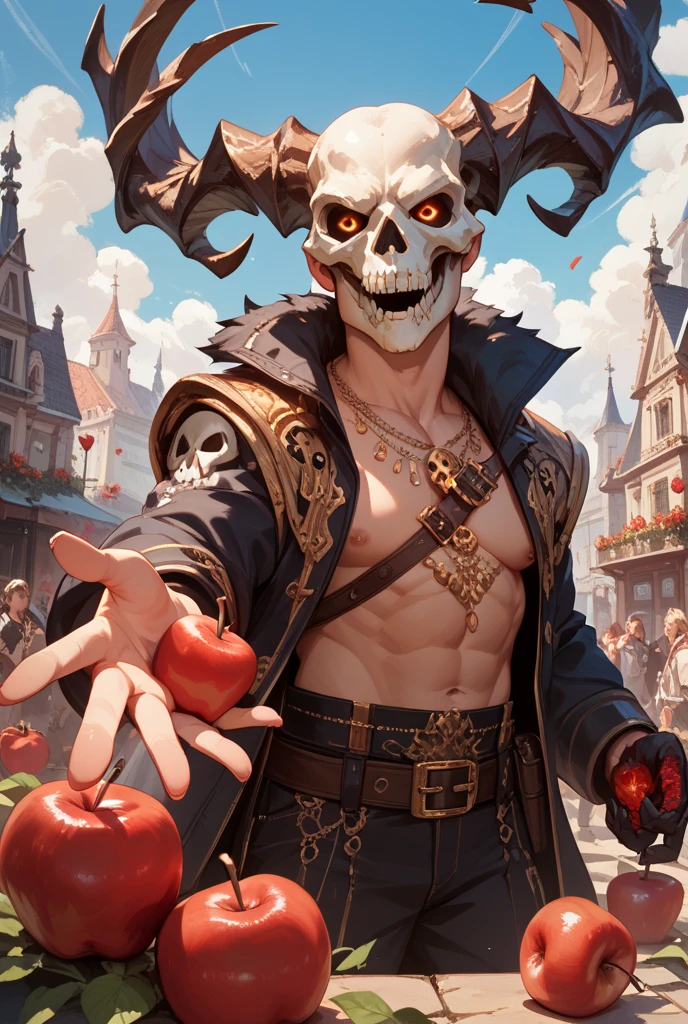 art nouveau painting of a skeleton dressed in a red outfit holding a red apple, undead lich, creepy explorer sketch, skelleton, bloody + concept art, saint skeleton queen, crimson themed, undead mage, an old lady with red skin, skeleton cowboy, crimson attire, granny weatherwax, portrait of a red sorcerer, lich, plague doctor, an undead desert lich pharaoh