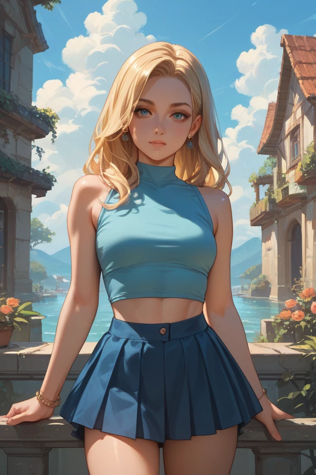 centered, professional photo, (looking at viewer:1.2), smiling, | Lindsay_Total_Drama, 1girl, solo, blue eyes, long hair, blonde hair, cleavage, bandana, skirt, | jungle,| bokeh, depth of field, hand on hip, contrapposto, cinematic composition, | <lora:Lindsay_Total_Drama:0.8>