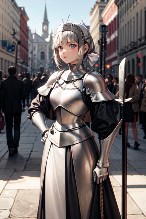 A beautiful girl with white hair tied in a ponytail and purple eyes, dressed in heavy armor, has arrived at the holy land of Canterbury.