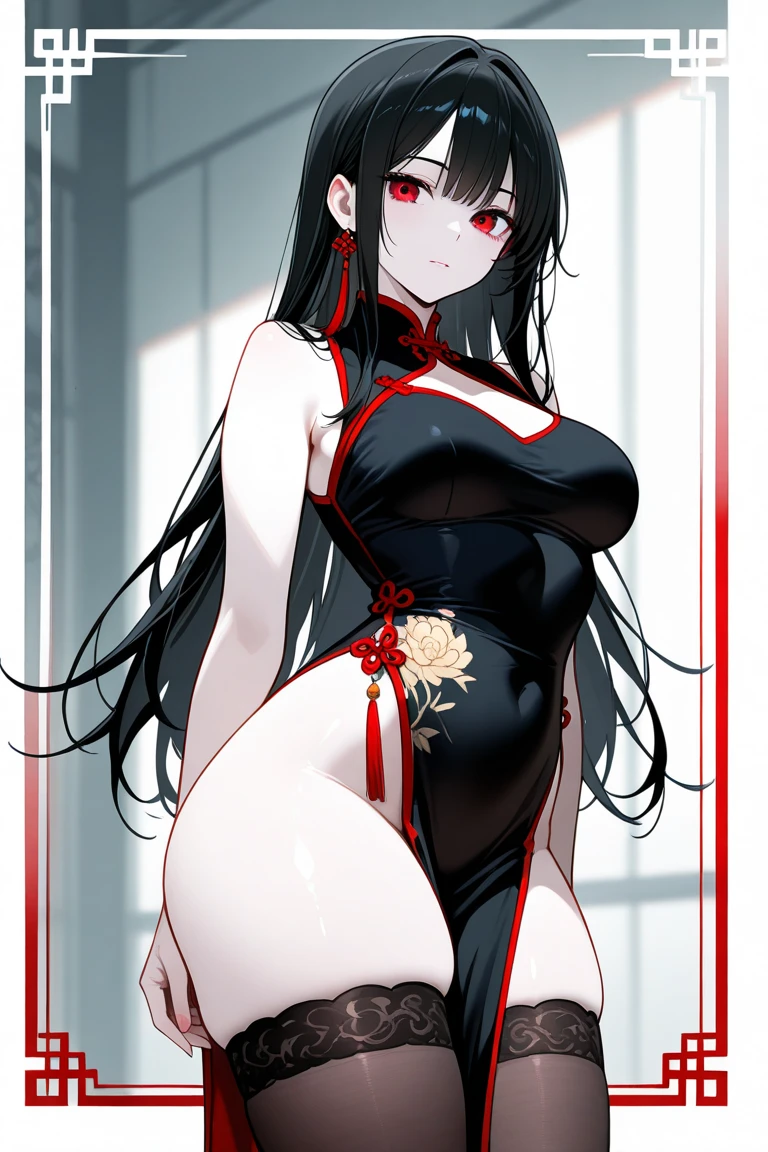 1 female,alone,perfect anatomy, cowboy shot,20 year old beauty,black hair,long hair,dull bangs,black eyes ,slender body,ideal body proportions,medium breasts,short black cheongsam dress、No sleeve、deep slit,thigh_gap, black_thighhighs,Are standing,simple bedroom、Indoor lighting、Simple hotel、