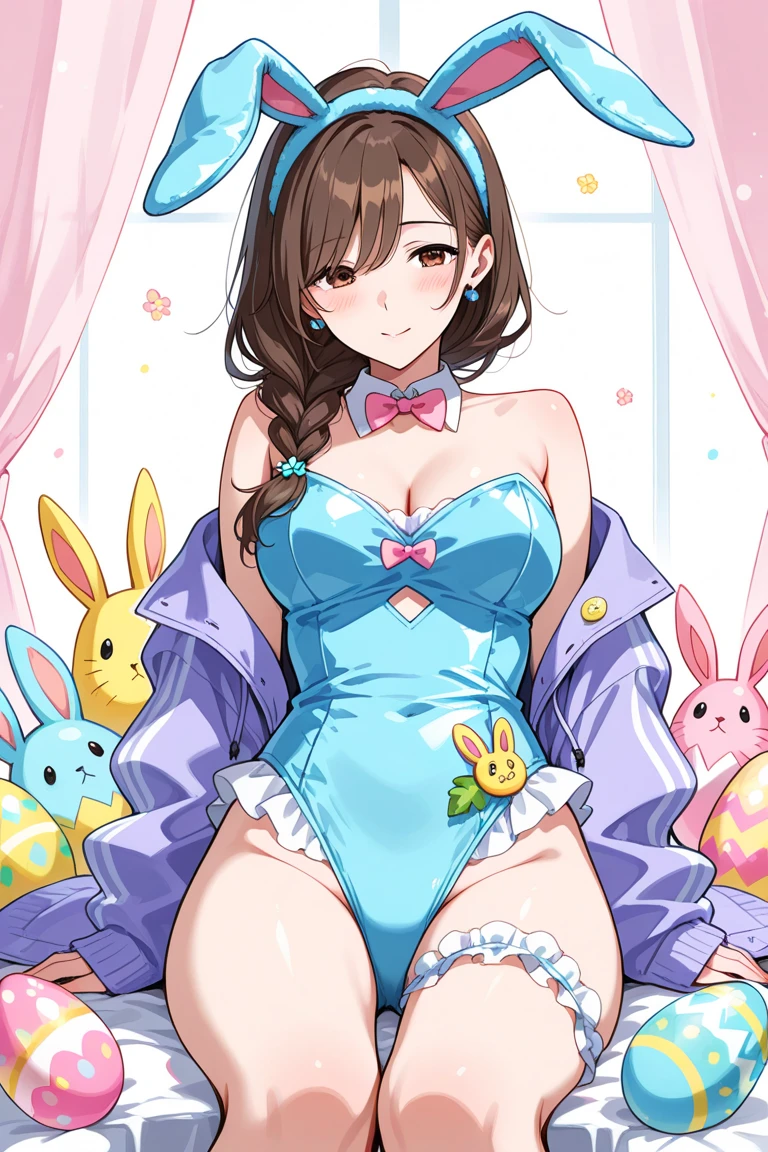 (High Definition CG unity 8K Wallpaper), (The finest Guo(masutepiece, of the highest quality, Kyoto Animation Style Illustration, of the highest quality, Official art, aesthetics, Beautiful details, :1. 2), Break HA, BREAK,girl, Cute, Cheerful, Loli face, A dark-haired、a short bob、tareme, gleaming skin, Hugging a stuffed rabbit,
Playboy Bunny, shiny school swimsuit, High socks with pink and yellow stripes,Pink Bunny Years Hair Band, Eat carrots and lie on the couch, Open legs wide ,Awaken,looks sleepy
(Toy store background, Lots of stuffed animals,cuckoo clock:1.2),
Ridiculous resolution, Ultra-detailed, Best Quality