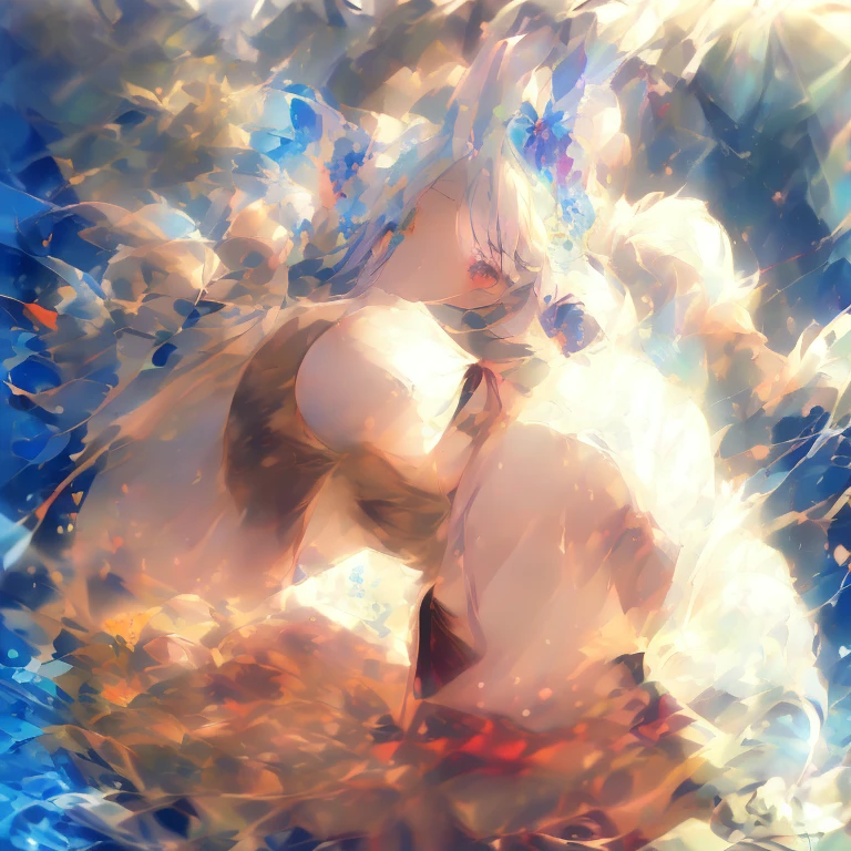 ((Highest quality)), ((masterpiece)), (detailed), One young girl,Very large breasts ,Completely naked,Bigger breasts,White Hair,A body that seems to be bursting at the seams,White short tights,Topless,Stretch your hands up,White long socks,up,No pants