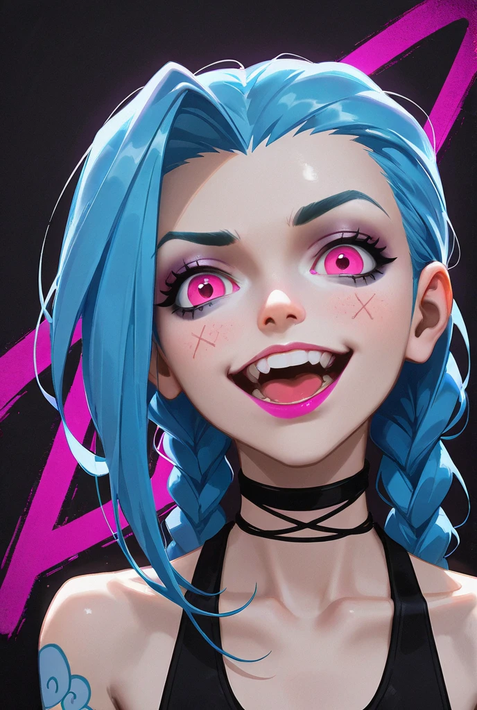 Jinx is skinny, de barriga nua, mal iluminado, perfect hands, Pele clara. He wears the ordinary punk streetwear typical of zaunite youth. His most striking features are his stylized cloud tattoos, bem como seu cabelo azul natural em dois rabos de cavalo.