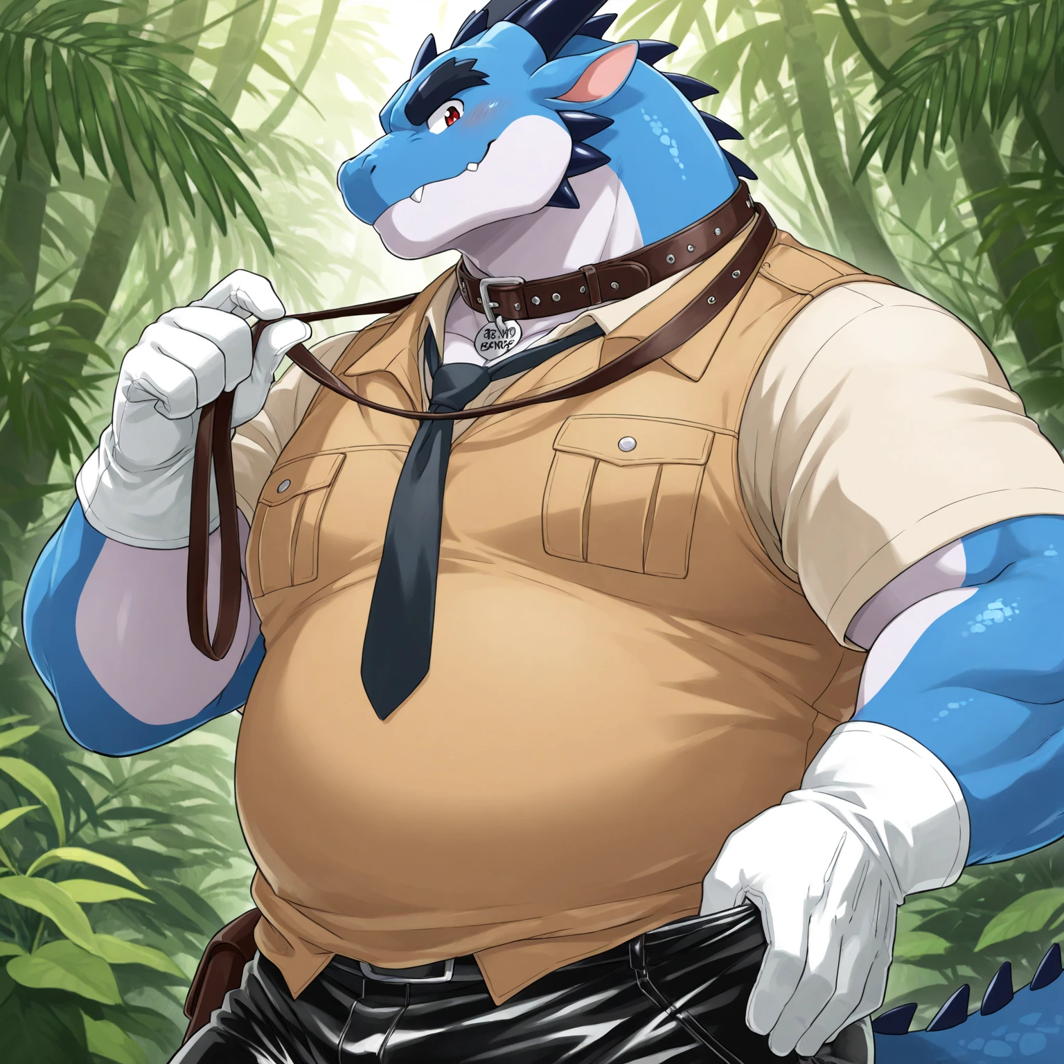 Highest quality、Sexy Baby Blue Lizardman, Skimpy micro underwear、Lizard head、Sweat、Embarrassing、Gay、Western background、Crotch close-up、cute、Leather Handbags、Knee-high socks、Choker of Hearts、White Breath、Licking lips、Drooling、Obscene language、Pink steam、、strip、Sheriff Vest、Angle looking up from below、A magazine cover-style illustration of a man wearing panties、Cowboy hat、Gunman、bed、salute