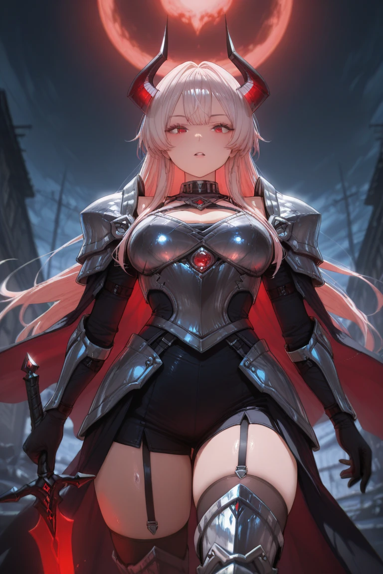 Masterpiece, The best quality, High Resolutions, absurdities, 8k, 4k, Official Art,, , (flat_color:0.9),voluptuous, front view, thick thighs, Wide hips, warm light, night atmosphere, robusta, front body, light lipstick, SMILE, abdomen, (muscle:1.2), Thick thigh, Wide hips, thick lips,  faded hair, massive thighs, focused eyes, huge woman, long hair, Red eyes, look ahead, muscle girl, short hair, mechanical armor, great armor, mechanical armor, mechanical suit, Full armor,
