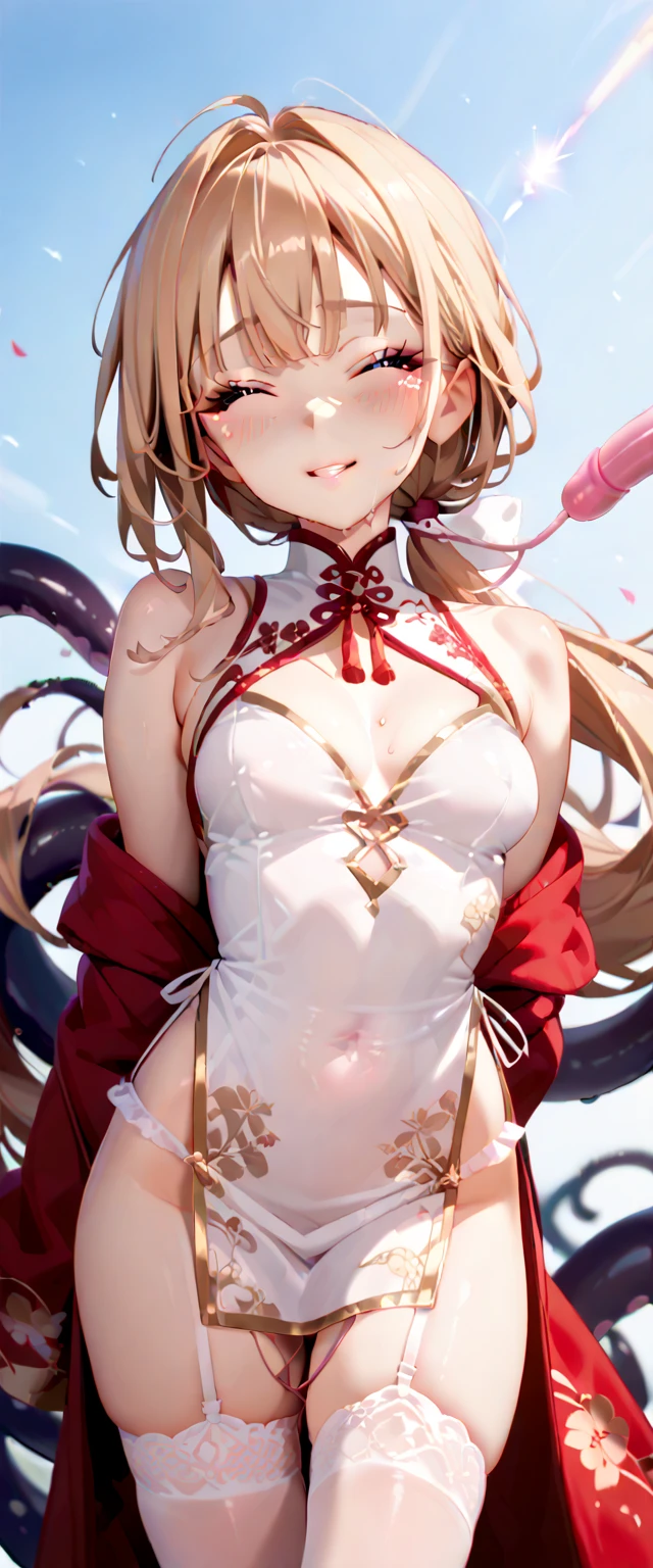 1girl, evil neuro-sama, (yuzu modoki), red eyes, light brown hair, ahoge, two side up, hair ribbon, dark red ribbon, heart hair ornament, chinese clothes, china dress, (masterpiece, best quality), highly detailed, finely detailed, wet, steam, looking at viewer, covered nipples, armpits, arms behind head, bare legs, barefoot, covered navel, side slits, pelvic curtain,