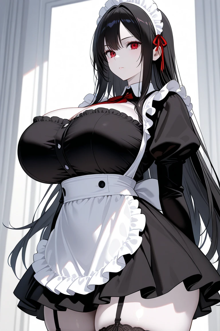 Rivertsukatsuki, River, black hair, (red eyes:1.5), hair ornament, hairclip, Halation, long hair,
、Extremely large breasts(4700)、 Huge 、Two people、lace breast bag、Maid clothes、A girl with long black hair and long grey hair