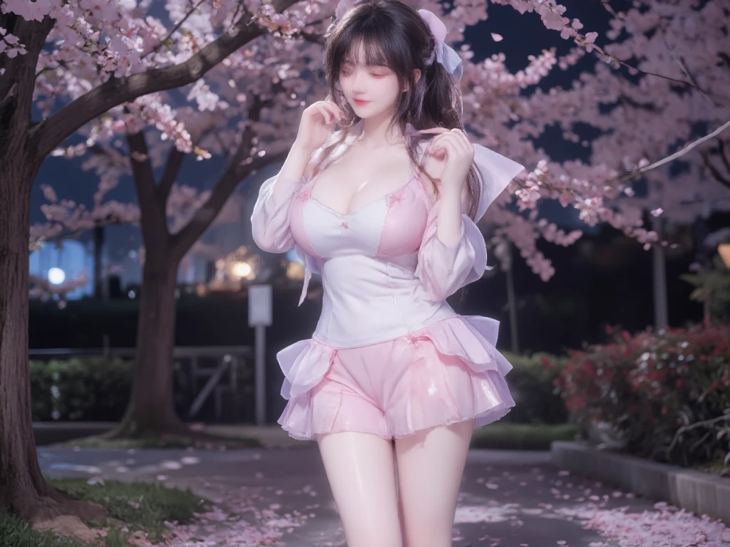 delicated best quality ,masterpiece, illustration, an extremely delicate and beautiful, extremely detailed ,CG ,unity ,8k wallpaper, Amazing, finely detail, masterpiece,best quality,official art,extremely detailed CG unity 8k wallpaper, absurdres, incredibly absurdres, huge filesize , ultra-detailed, highres, extremely detailed,beautiful detailed girl, extremely detailed eyes and face, beautiful detailed eyes,light on face,1girl, (kokomi/genshin impact), (Super realistic), (((pink hair))), (high ponytail), (hime hair in a high bun), tie a bow in the back of the head, (purple eyes), ((hair jewelry)), (slave necklace), (((describe the arm in detail))), ((charming lingerie)), (((Super boobs))), (saggy breasts), ((giant breasts)), ((milk cow's udder), ((Big ass)), ((thighs)), ((Plump body)), (Big breasts), ((armpit)), ((Plump boobs)),, (detailed description of hair), jewelry, (gem earrings), ((upper body)), (Bare shoulder), ((collarbone)), ((off shoulder)), (Shiny skin), (Detailed description of eyes), (detailed description of face), (detailed description of body), (white and translucent skin), peerless beauty, (extreme beauty), (red lips), (shy ), ( smile), (facing the viewer), ((facing)), (((cherry blossom))), (falling petal), (((kimono))), ((long sleeves)), (revealing clothes), ((wide sleeves)), (thin silk), (penetration), (Lying on the shore of a lake full of cherry blossom), (She sits gracefully by the tranquil cherry blossom lake, her feet playing in the water, bathed in the soft glow of the moonlight), the water surface is reflective, (every pose), ((There is a lot of water on the body))