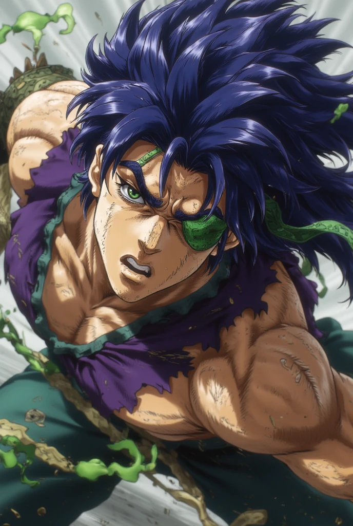 Um homem negro jovem, black hair with green tips, straight green and purple eyes, has hair on the chin and abdomen, muscled body, wearing no shirt, He wears sagging jeans where the edge of his white underwear shows, has crocodile tattoos on his chest and has earrings. Traços of Shumatsu no Valkyrie