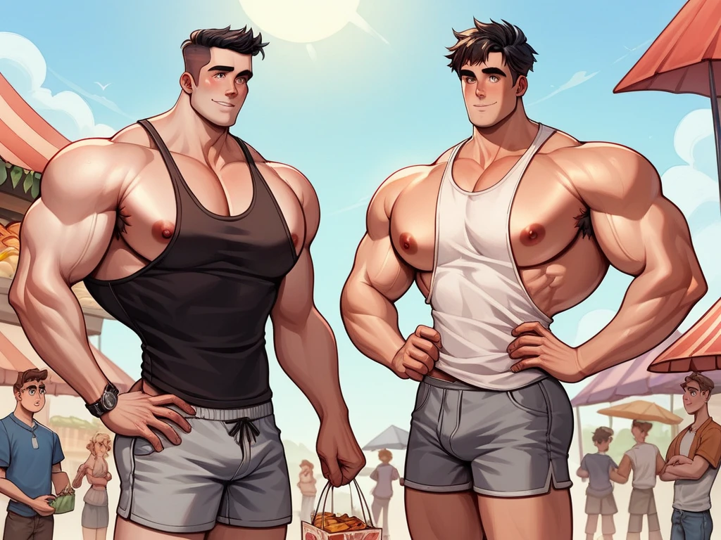 Clear background、A handsome tall man standing, He is 28 years old,Thin waist,The pectoral muscles are well developed, He is 175cm tall,Weight 62 kg、yellow-green eyes、brown hair color、short hair、Shirtless、jeans、looking into camera,Smile,Plant pots,gardening store