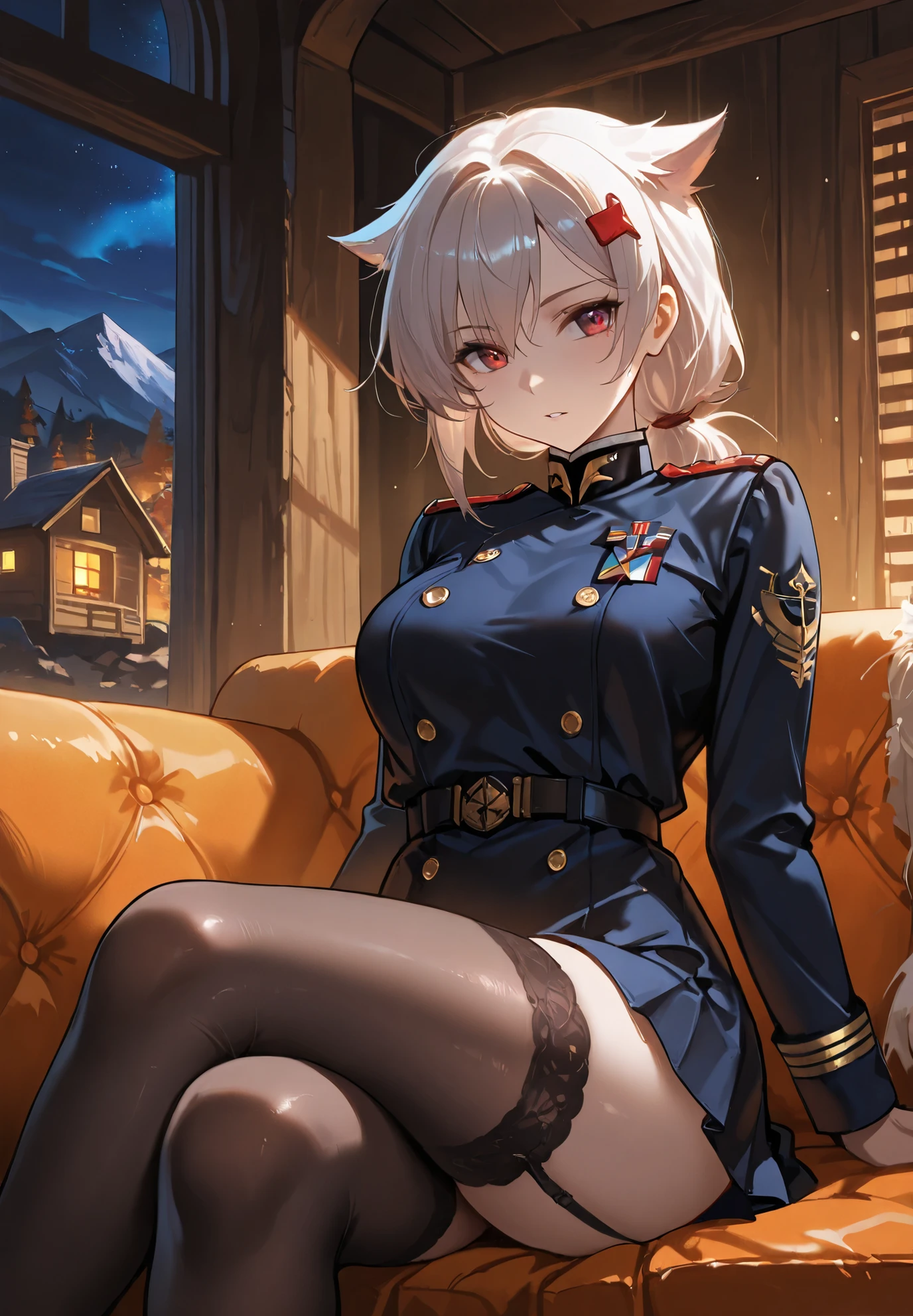 (Dancing, sitting, spreading legs:1.5, ), (masterpiece, best quality, ultra detailed), military uniform,