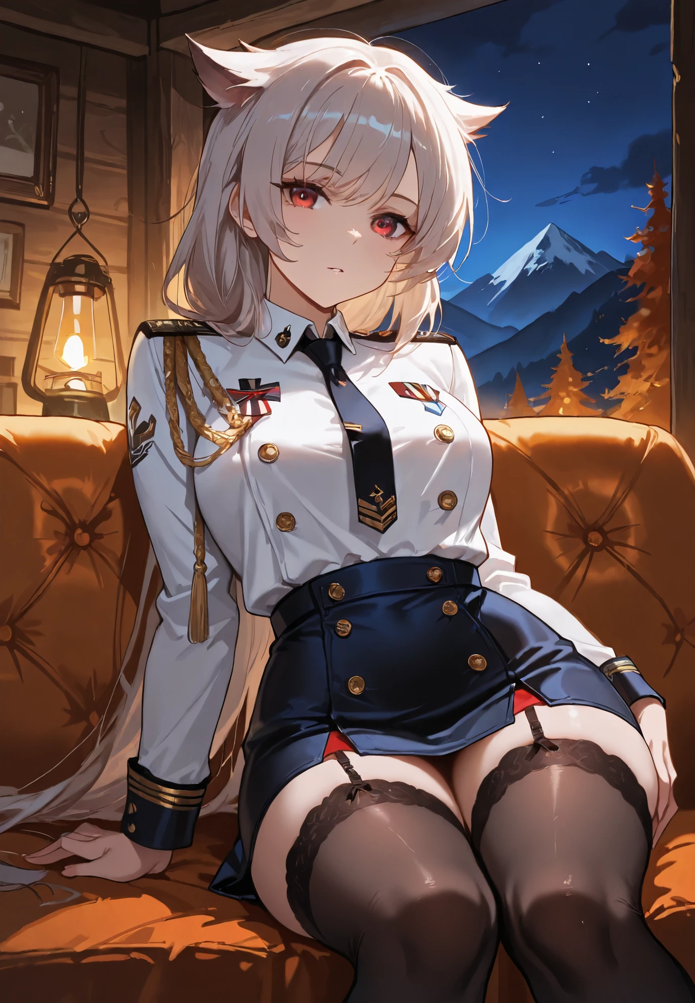 2d, masterpiece, best quality, anime, highly detailed, full body, 1girl, solo, marine_beret, collared shirt, sleeveless, high-waist skirt, pantyhose, blue jacket, fur trim, fingerless gloves, id card, heterochromia, red eyes, yellow eyes, BREAK airplane interior, sitting, seductive smile, partially unbuttoned