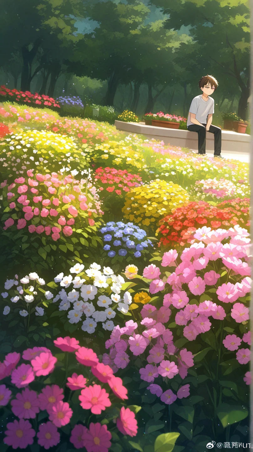 The weather was quite cool,A girl in a sea of colorful flowers,Beautiful flowers are being picked,butterflies flying,