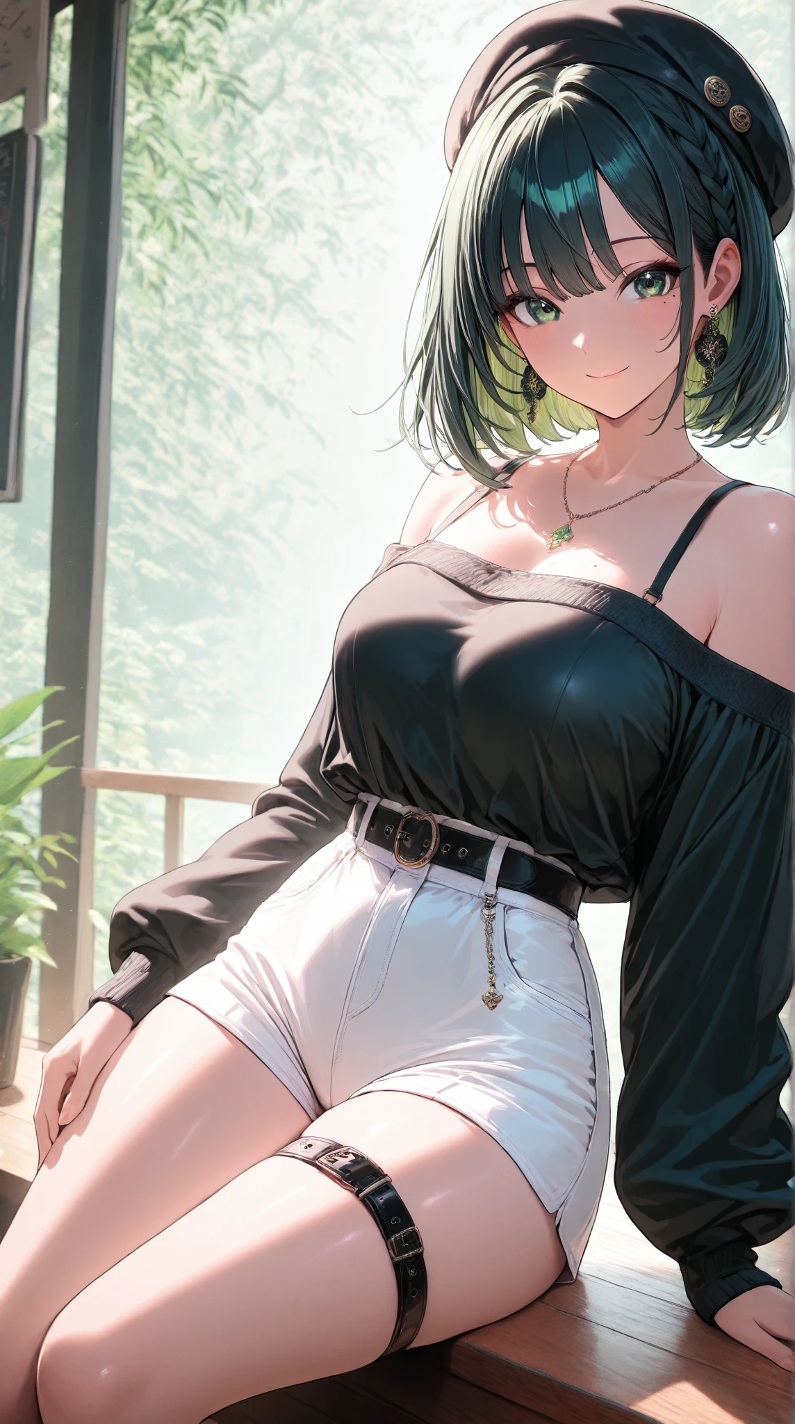 BREAK (masterpiece:1.2), best quality, high resolution, unity 8k wallpaper, (illustration:0.8), (beautiful detailed eyes:1.6), extremely detailed face, perfect lighting, extremely detailed CG, (perfect hands, perfect ???????),city,street,wet road,reflections, buildings,night,fubuki, black hair, (green eyes:1.5), short hair,black dress, dress, fur coat, high collar, jewelry, necklace, off shoulder, taut clothes, taut dress,stockings,neckline,cleavege,nipples see through,sitting in bench, wide spread legs,showing panties,lace panties,showing legs.