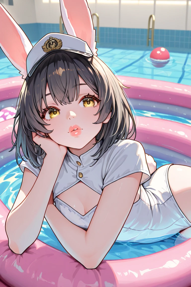 Cute, (1 girl:1.1), Solo, (light brown hair:1.3), Medium Hair, Wavy Hair, Purple eyes, Relaxed smile, (Rabbit ears:1.4), (Rabbit tail:1), rinse cut, (Chibi:1.0), (Slouch:1.4), (cleavage:1.4), (Immerse yourself in a vast rocky lake:1.6), (look from above), (barechested:1.4), (NSFW:1.2), (Wear a bath towel:1.4)