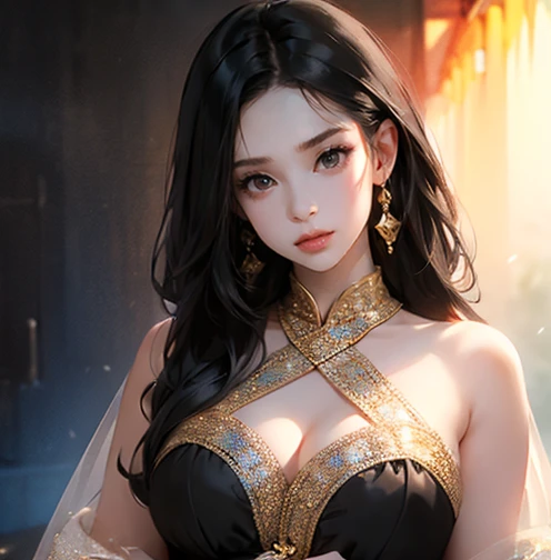 (masterpiece, best quality, photorealistic), woman, solo, perfect slim fit body, large breasts, wavy hair, hair ornaments, big gorgeous eyes, faint smile, parted lips, a gem filled flat world, planets, octane render, surreal, artistic, vibrant