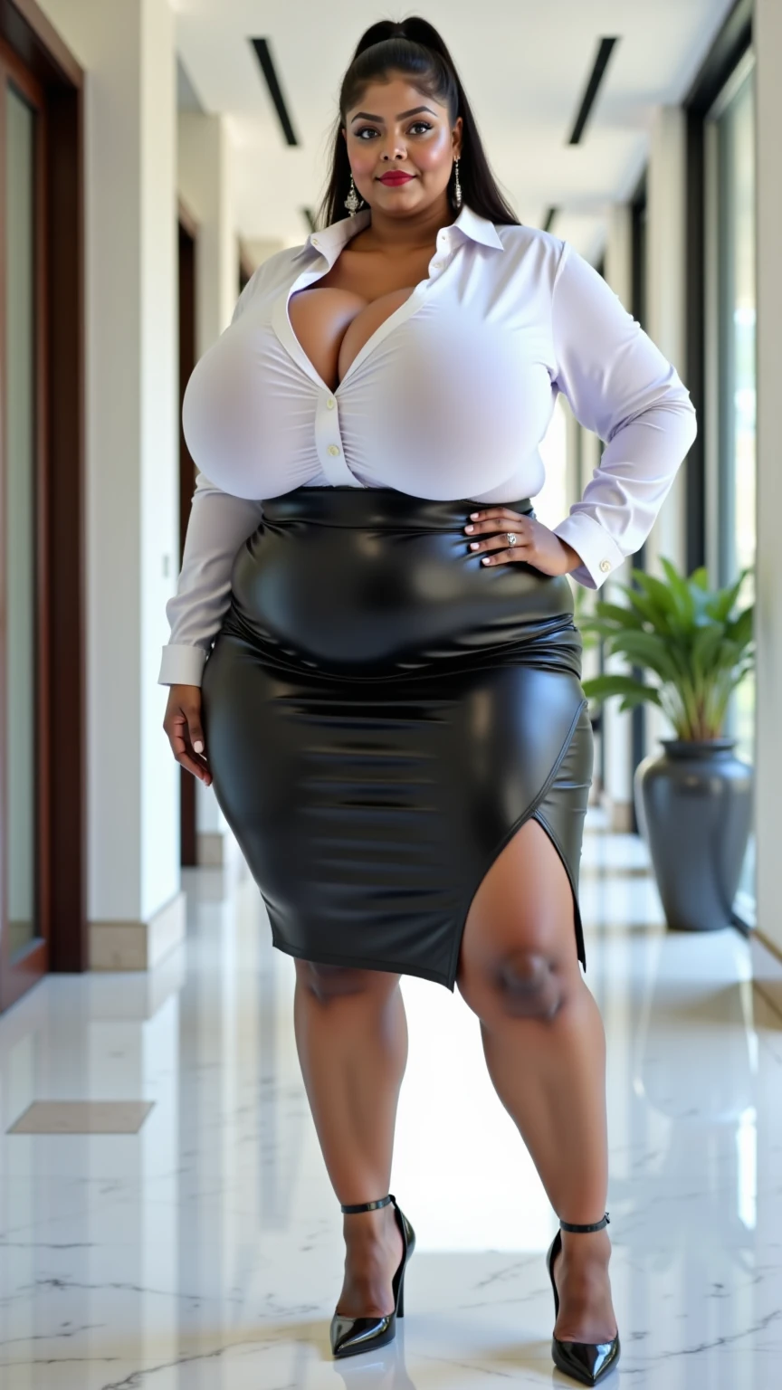 (((front view))), ((Unreal Engine 5)), ((Masterpiece)), ((ultra high definition)), ((ultra high resolution)), ((full sharpness)), ((maximum quality)), ((Cinematic)), ((8k)), ((very black woman)), ((old woman)), ((very elderly woman)), ((80 years old)), ((fat woman)), ((very tall woman)), ((alone)), ((full body)), ((ultra detailed face)), ((ultra detailed eyes)), ((very black eyes)), ((ultra realist eyes)), ((ultra detailed irises)), ((totally normal irises)), (((identical irises))), ((ultra delicate hands)), ((ultra detailed hands)), ((small hands)), ((normal hands)), ((ultra detailed fingers)), ((natural lighting)), ((malicious smile)), ((smooth skin)), ((ultra small breasts)), ((very big ass)), ((huge ass)), ((huge body)), ((ultra wide hips)), ((huge hips)), ((ultra wide hip bones)), ((very wide pubis)), ((ultra thick thighs)), (((ultra thin waist))), ((natural skin), ((totally ultra realistic)), ((repeat the same face)), ((always the same face)), ((repeat always the same face)), ((always the same body)), ((always the same proportions)), ((always the same clothes)), ((always the same appearance)), ((very flat belly)), ((looking at the camera)), ((wearing a micro skirt and micro blouse)), ((straight hair)), ((short hair)), ((in a luxurious room with white marble walls)), (((pear shaped body))), ((natural colors)), ((very dark skin)), ((african woman)), ((full emphasis on age))