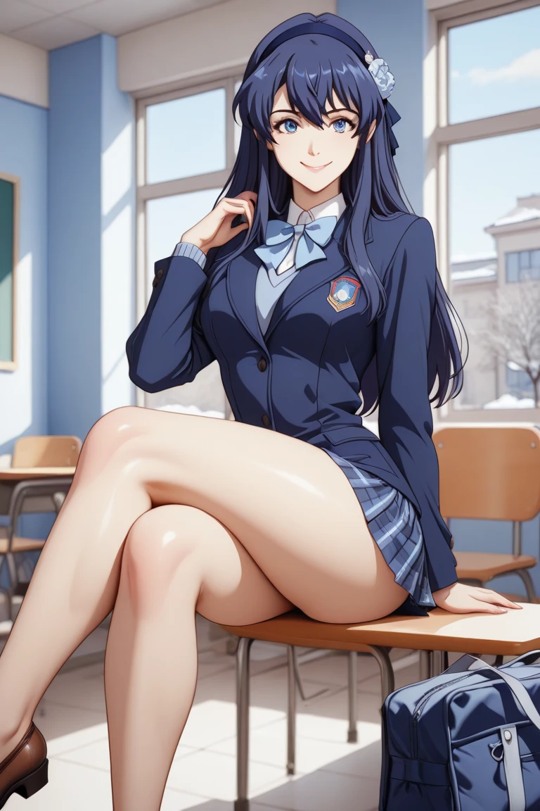 (masterpiece, computer, mejor quality, Clear focus, shadow, anime style, ultra high resolution, 8K, perfect anatomy, rostro perfecto, (detailed face), ( Detailed eye ), score_9, score_8_above, score_7_above, score_6_above, score_5_above, score_4_above, kilde_animated, Label 1, Label2, quality_masterpiece, anatomically correct, beautiful face, rostro perfecto, Beautiful and highly detailed face and eyes, Attractive face, detailed face, Delicate facial features, detailed skin, huge breasts, breast size cup D or DD, wide hips, gigantic butt, thick thighs. looking at the spectator. Anime-style illustration of a beautiful woman with an elegant and. look A sensual woman Young anime attractive and voluptuous and marked curves in a sensual and powerful style, young and dazzling, with long hair, smooth and blue-black, with some light blue and red reflections. Her eyes are large and bright blue . She wears an open school jacket that reveals part of her torso, along with a short plaid skirt in shades of navy blue and green, and opaque black tights . is sitting at a school desk , crossing her legs and resting her head on her right hand, with a confident expression and a slight smile . The background shows a classroom illuminated by natural light that enters through the windows, with desks and diffuse details that reinforce the school environment. The artistic style is detailed, with soft shade, bright reflections in her hair and a vibrant color palette.
