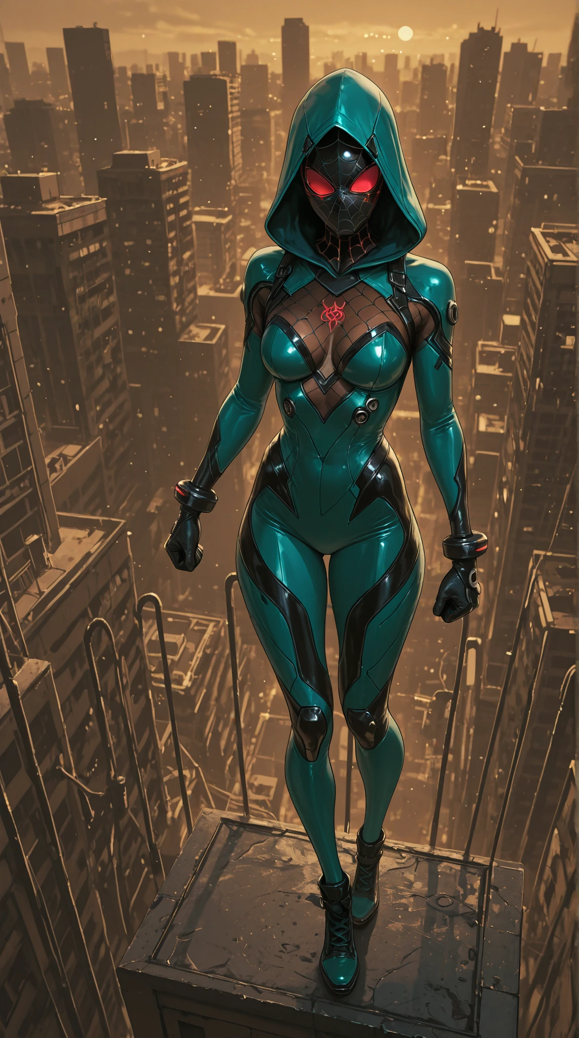 full body photo, stepping on the ground, 1 Woman transformed into a humanoid Mutant Monster, immensely large breasts, expressively evil look, futuristic all black alien outfit with golden scaled details, short green hair, blue alien eyes, heavy makeup on face, landing , city scene being attacked by alien ships exploding buildings with heavy rain, her body and hair are soaked, high detail, Futurism, anime, cowboy shot, 16k, UHD, masterpiece, ccurate, anatomically correct, super detail, award winning, highres