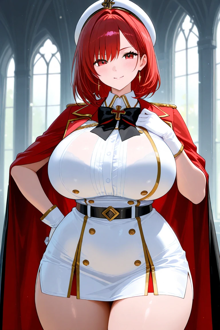 muponarch \(Azur Lane\), \(Azur Lane\), One girl, blupond hair, red eyes, Thick lips, masterpiece, Highest quality, High resolution, Huge breasts, (Black bra), Bra Peek, View your viewers, expressiuponless, Cleavage, collar bupone, tight white army uniform, unbuttuponed shirt, collared shirt, red_army_Jacket, Jacket_upon_shoulder, sleeve_past_wrist, Black gloves, Black Choker, White Skirt, Pleated skirt, Black knee socks, skinny, Pause, Luxurious ballroom, Backlight