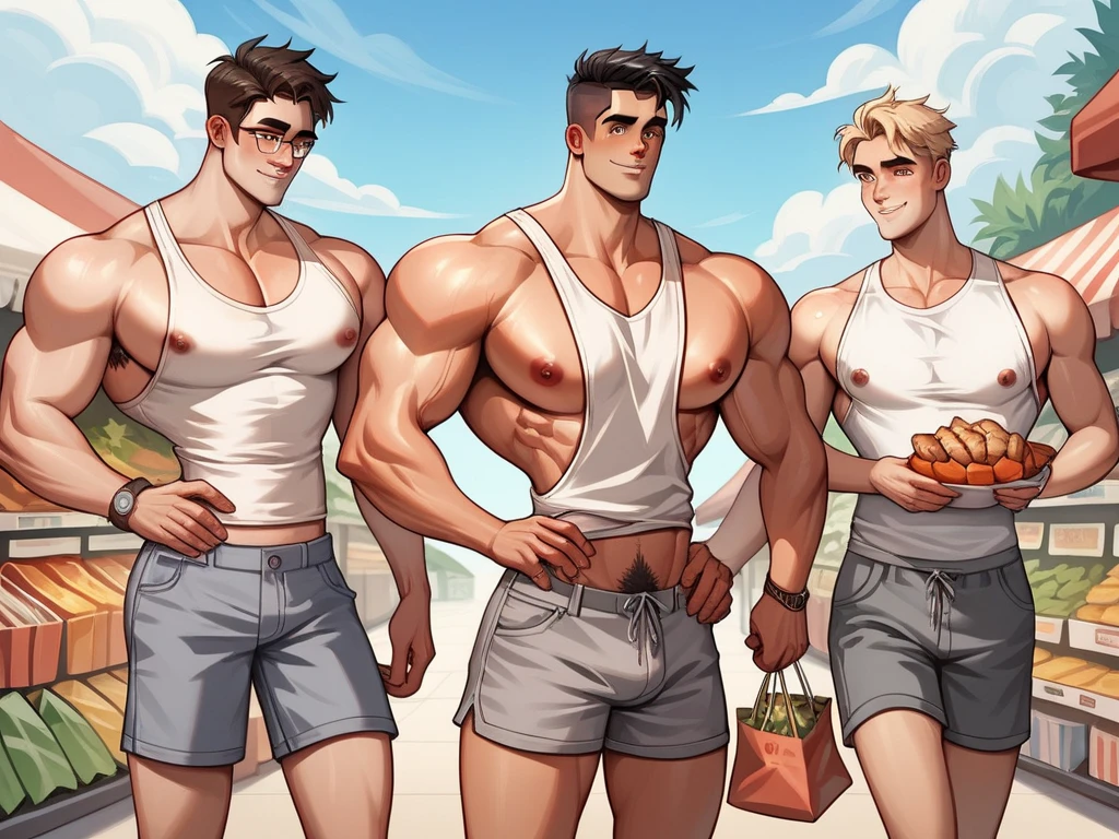 white skin, tall to the ceiling, bodybuilder, highschool freshman, relaxing in the beach, dressed in speedo and a loose tank top, show abs, cute young face, great height difference between boys. high detail faces. show full height, 4 bodybuilders in the picture working as lifeguards helping old people carry things. photorealistic.