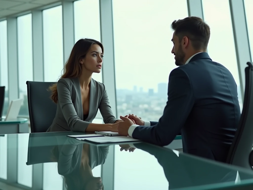 In a sleek, modern boardroom filled with executives seated around a large, polished glass table, Lady Vivienne Hawthorne, a commanding and sophisticated 40-year-old billionaire, is subtly provoking and teasing Alex Tanaka, her young 1 intern. The boardroom is an elegant space with floor-to-ceiling windows offering a breathtaking view of the city, while the room itself is filled with the quiet hum of business discussions.
Vivienne, dressed in an impeccably tailored suit with a low-cut blouse that hints at her curves, sits at the head of the table, exuding authority. As the meeting progresses, she engages with the other executives, but her focus is clearly on Alex, who is seated directly across from her.
Beneath the table, out of sight from the other attendees, Vivienne slowly slides her foot out of her stiletto and gently nudges Alex’s leg, her eyes never leaving his as she speaks with practiced ease to the others. Alex, dressed in a sharp suit, is visibly flustered, trying to maintain his composure as he feels the light, teasing touch against his leg. His eyes occasionally dart to Vivienne, his expression a mix of surprise, confusion, and undeniable attraction.
Vivienne’s gaze is filled with a knowing smile, her subtle actions under the table contrasting sharply with the professional demeanor she maintains in front of the others. The scene captures the tension between the two, as Vivienne uses the public setting to exert her power over Alex in a playful yet provocative manner. The other executives remain oblivious to the private game playing out between them, as the room is bathed in soft, natural light that adds to the atmosphere of controlled tension. Highly detailed, soft lighting, provocative and tense mood, 8K.