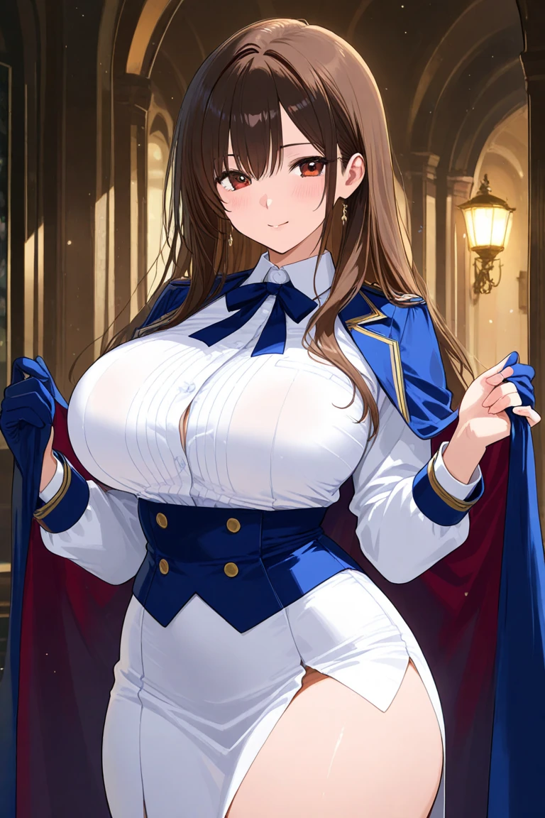 Anime, 1 girl, solo, kimtag, Kashino, Kashino's hairstyle, Brown colored hair, indigo de colored eyes, busty, firm plump body, genetics's uniform , Juliet sleeves, deep cleavage,, skirt,