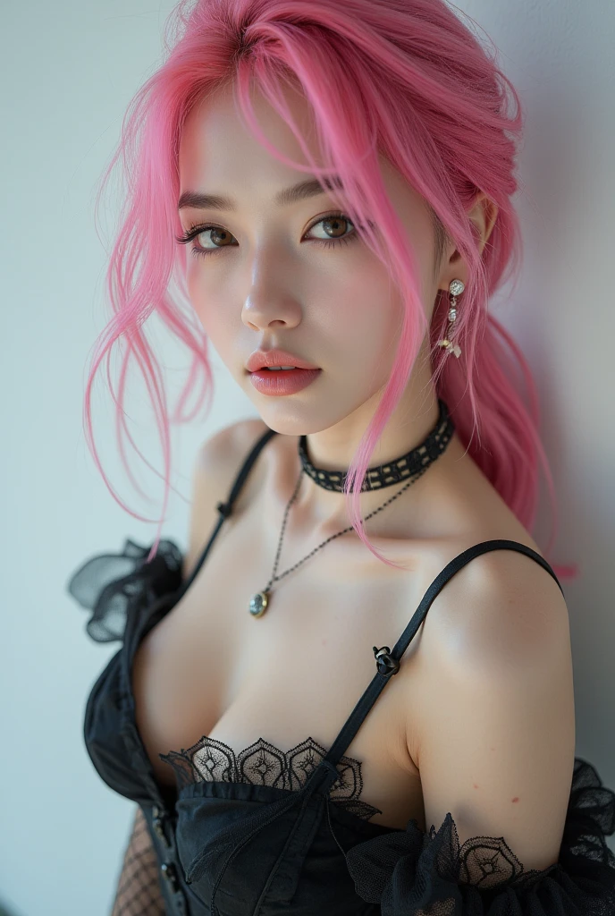 Best quality at best,超高分辨率,(真实感:1.4),(beuaty girl:1.4),(mediuml breasts:0.8),Detailed facial details,Beautiful detailed eyes,with pink hair,blue colored eyes,slim,haunting smile,(Makeup:0.3),Redlip,Very meticulous clothes