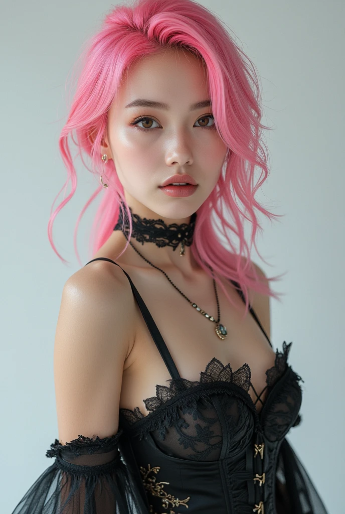 Background (street), standing at the middle of the street , long shot , wearing (long black black black gown), majestic look , looking like a queen  ,cinematic view, Full Cinematic view, serious face , sexy, lustful, cute girl short pink hair, pink pussy, ,all her hair short pink , with a star clip in her pink hair, light colored eyes, pretty eyes, happy eyes, pretty, upturned nose, watery nose, Pretty lips, pink lips, heart and cupid shaped lip, pretty skin, pale, White skin, with moles and freckles all over his face, soft pink blush on the cheeks, natural pink blush, soft pink makeup, Jennie, nice neck, frown, tender look, with a kiss necklace, Delgado, marked and pretty, (big breasts, soft breasts, nice breasts), photorealism, 8k , photorealistic , show clearly,