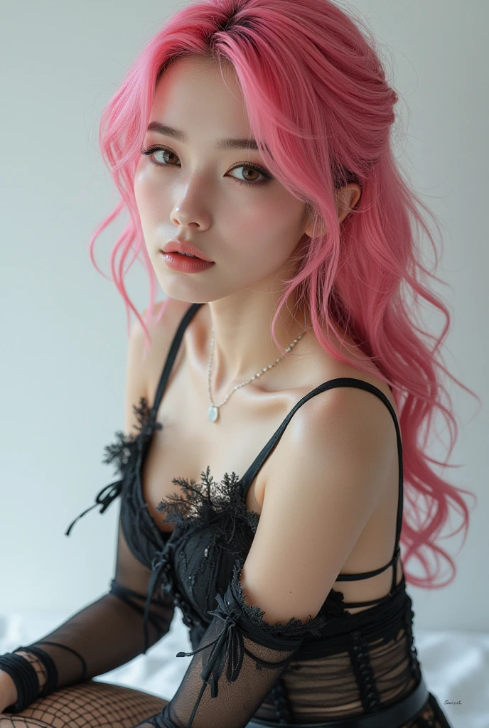 A stunning high-resolution cinematic image of a young Korean woman exuding confidence and beauty, with an impeccable body, slim face, and captivating eyes. Her long, vibrant pink hair cascades down her back, and she wears exquisite lingerie adorned with delicate details that accentuate her flawless figure. The lingerie features a plunging big neckline and showcases her toned legs and thighs. In the reflection, capturing her biggest own image in front of a bedroom mirror