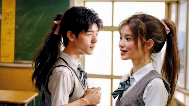 A heartwarming moment between two young adults, both 20 years old, who exude an undeniable cuteness as they share an intimate kiss within the familiar setting of their school. The boy, with a soft smile and gentle eyes, is dressed in a traditional that includes shorts that fall just above the knee, showcasing his toned legs. His shirt is sleeveless, revealing his biceps, which are slightly tanned from playing under the sun during recess. His hair is styled in a way that adds to his boyish charm, and his school tie is loosely knotted around his neck, hinting at the warm weather outside. He wears a pair of mid-length socks that are folded down to reveal a hint of bare skin above his ankles. His partner, equally as endearing, presents a more feminine look with her skirt that gracefully sways around her thighs, creating an elegant silhouette. Her sleeveless shirt is tucked in neatly, and her thigh-high socks are a matching shade of blue that complements the color scheme of their uniforms. Her hair is styled in loose waves that frame her delicate features and soft blush cheeks. The two stand in the middle of a hallway, surrounded by lockers and posters of school events, their bodies leaning into each other as they express their affection. The lighting is soft and natural, casting a warm glow that emphasizes the genuine love between them. Their schoolmates are blurred in the background, going about their day, unaware of the tender scene unfolding before them. The image captures the pure essence of young love, transcending gender norms and societal expectations, as they embrace each other in a heartfelt display of affection that speaks volumes about their deep connection. The scene is filled with innocence and a sense of liberation as they stand together, proud and unashamed, in the environment where they have grown and learned to accept themselves.