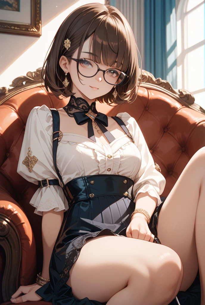 ((ultra realistic illustration:1.3)), Beautiful 18 yo woman of Scottish descent. Brunette, blue eyes, sexy figure, natural breasts, perfect ass, (bob cut),(bangs), Eyeglasses, cardigan, dress, black tights. high heels. Cute smile. Masterpiece, (highly detailed:1.2),(detailed face and eyes:1.2), 8k wallpaper, Moody lighting. core shadows, high contrast, bokeh.