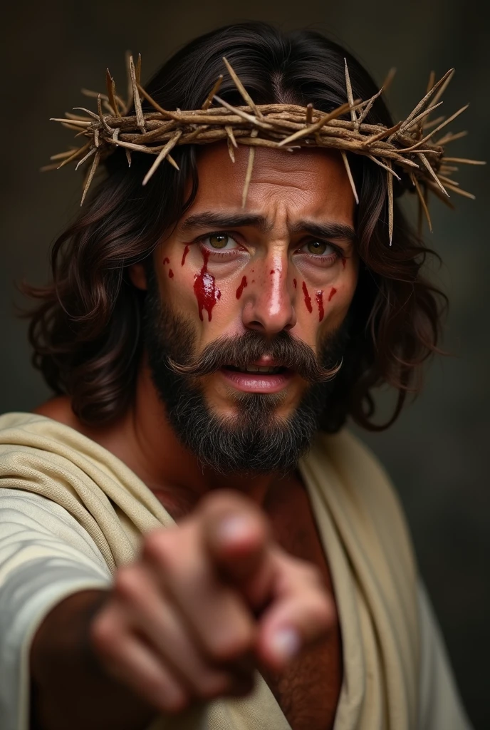 Jesus Christ carrying the cross bleeding profusely