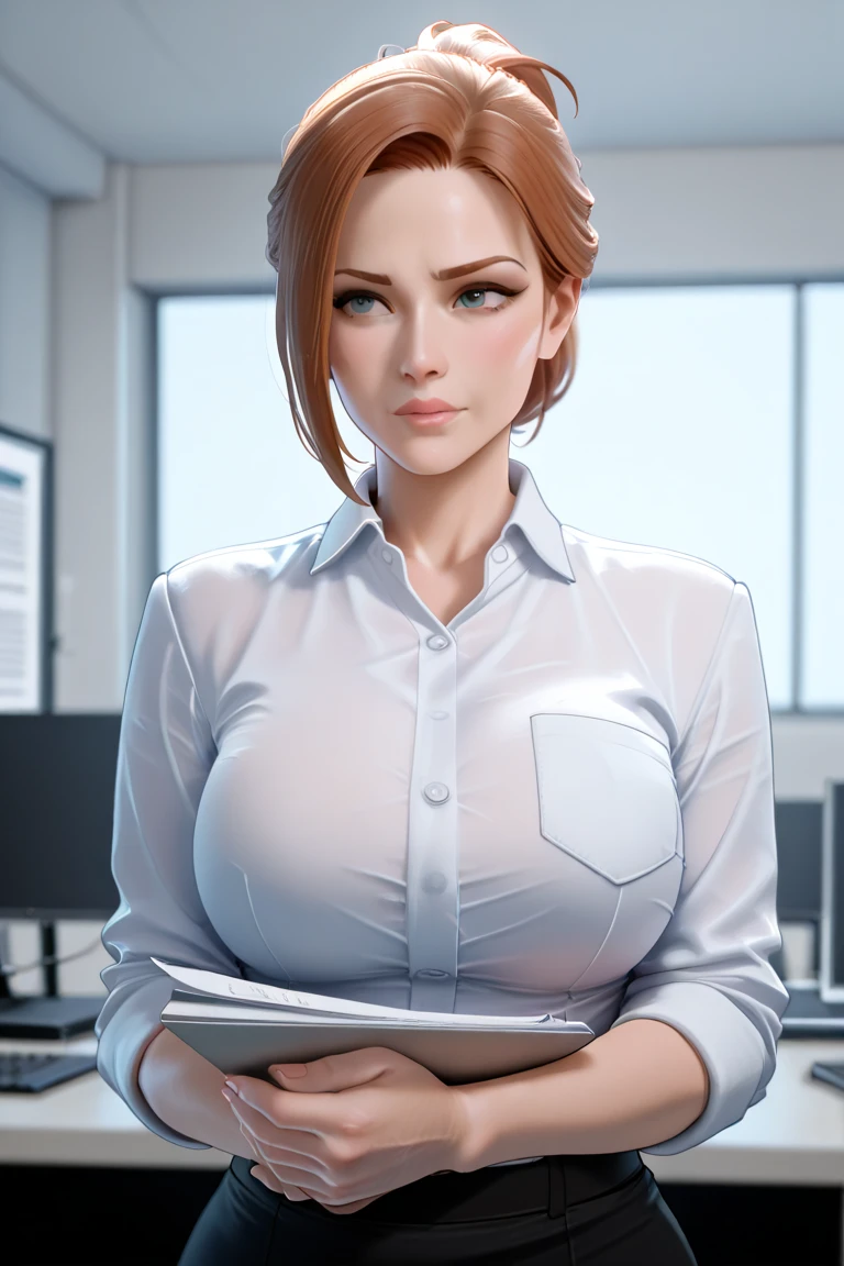 NSFW, a full body photo of a stunning redhead woman with messy hair, (unbuttoned white transparent blouse), smiling, green eyes, flirty, sits in a coffee shop, short black skirt, messy bun, camera from above, voyeuristic, intimate, soft light, warm glow on her face and body, computer, focused, skin and hair, soothing, high-detail skin texture, (freckles:0.5), hdr, partially exposed