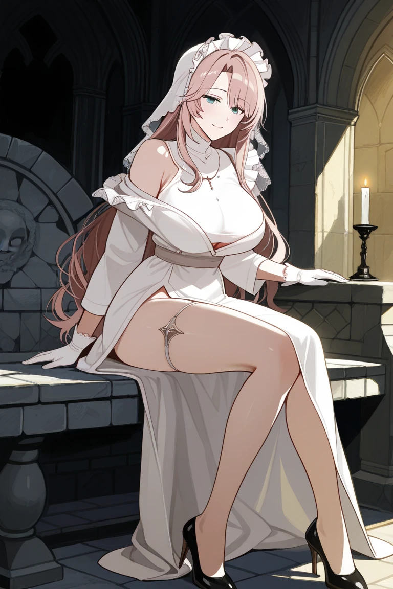 Nude, naked, 1girl, aaichika, tiara, bridal veil, necklace, cleavage, wedding dress, strapless dress, white dress, white gloves, elbow gloves, from below, show breasts, show nipples, skirt lift, white panties and sexy stockings, bare legs,, masterpiece, best quality, highly detailed, Long straight red hair, beautiful red eyes, pussy