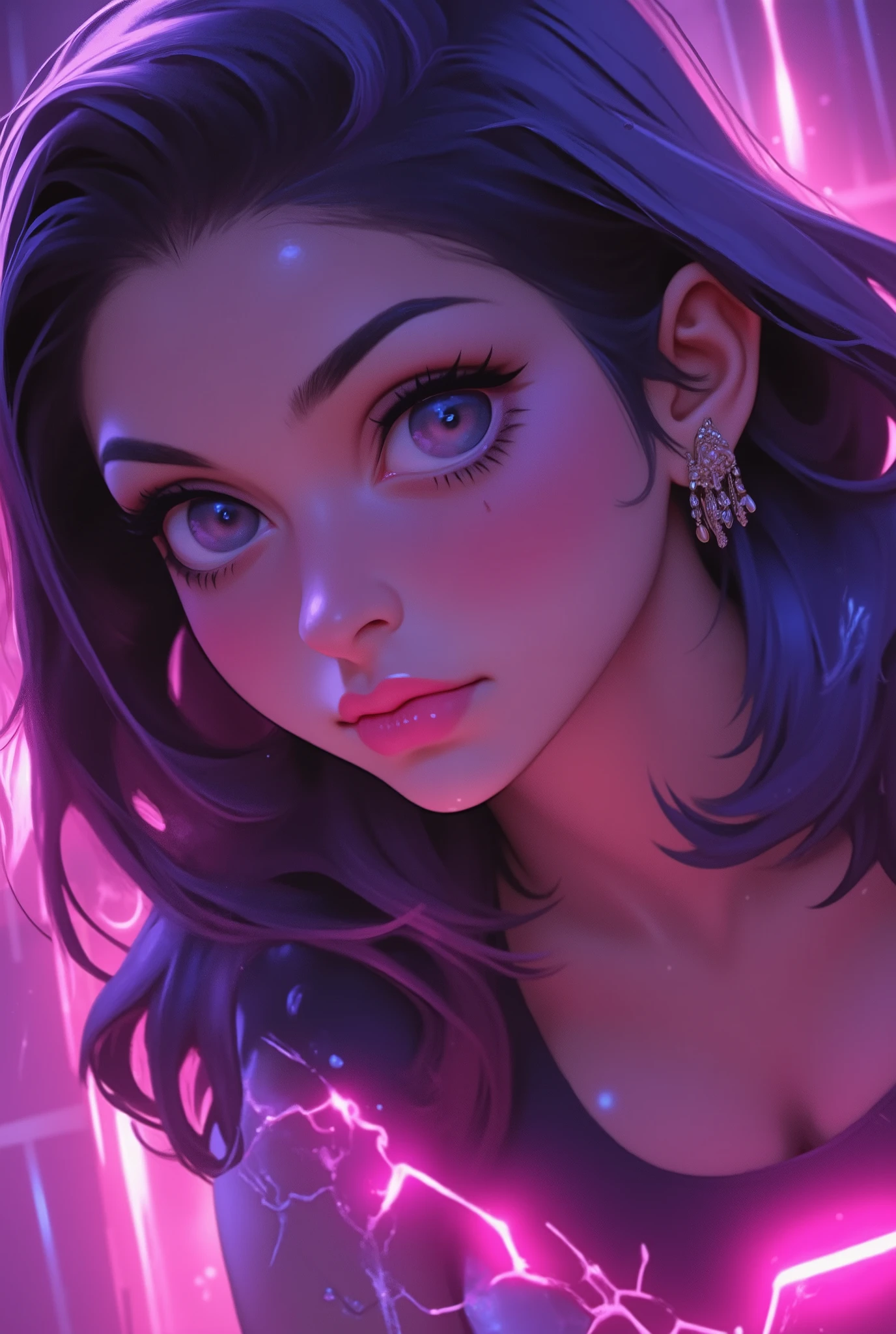((Ahegao)), (low lighting), (neon atmosphere), light background, nezuko komado, on knees, looking ip, Black Hair, view from above, ((pink eyes)), big detailed eyes, ulzzang, cleavage, big breasts, orgasm, sweaty, heavy blushing
