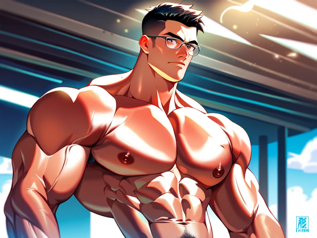 high quality, very detailed, 8k, character design,(realistic cartoon, intricate details), 2.5D style, dead or alive male character, solo boy, Italian boy, solo boy, 21 years old, very dark complexion, very average looking, average boy, extremely average but physically manly, clean face , elite family boy, confident expressions, serious face, silver shiny hair, medium hair locks,hair locks hairstyle, round face with no jawline, button shaped big nose, white glasses, Italian average boy face features, hazel eyes, completely naked, visible from head to thighs, naked, slightly muscular, huge penis, huge penis which has the thickness of his arm, long like rod, 8 inch long penis, dark brown penis, brown dickhead, veiny penis, big testicles, NSFW, very dark colored penis, night city in background, standing under a street light, sharp light focus, light and shadows,