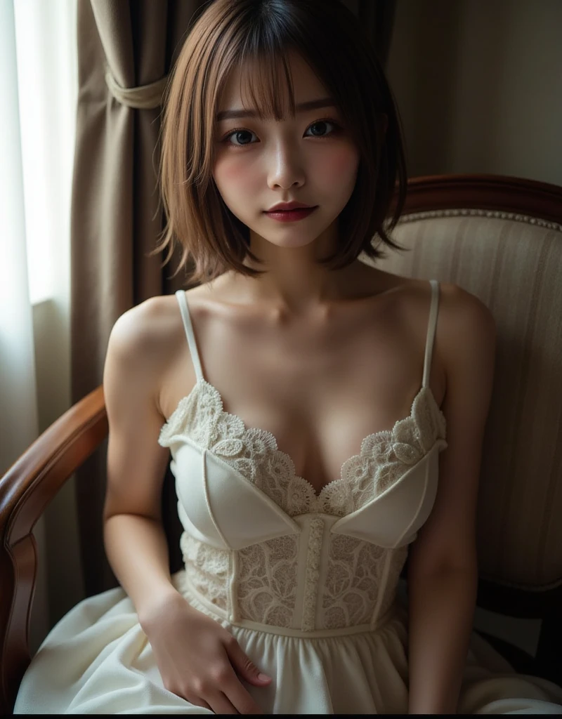 ((full body)), Shot from a random perspective, 22-year-old Japanese model, slim, Slimming the waist, curlies, White lace shirt, cropped shoulders, Black hip skirt, high-waist, Nice belt, golden hair, warm lights, Warm tones Slender legs, Cross ed leg, inside in room, sitting on the classroom desk, posed for photo, posing elegantly, blonde hair, streaked hair, hair ornament, heart-shaped pupils, makeup, light smile, shy, licking lips, Romanticism, Social realism, chiaroscuro, motion blur, anaglyph, Sony FE GM, UHD, masterpiece, textured skin, super detail, best quality