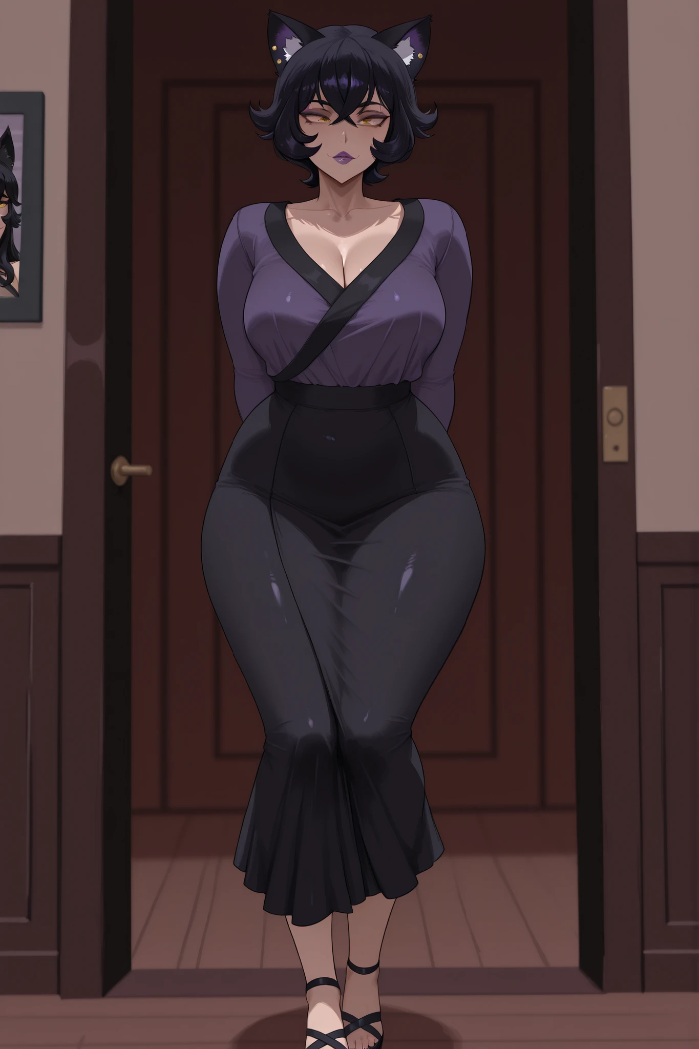 master piece, high quality,hires, 4k uhd,rating_explict, older woman, crows feet wrinkles, Kali_RWBY,eye shadow, purple lips, bimbo lips. black hair, yellow eyes, crossed bangs, dark skin, messy bob, mature woman, pierced cat ears, netorare,