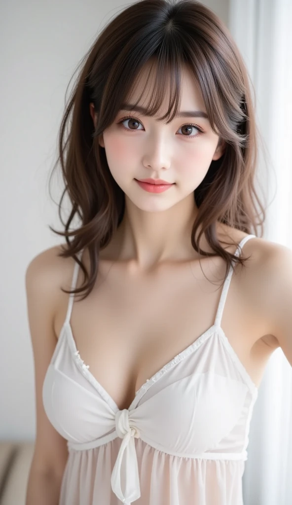 (Highest quality、Tabletop、8K、Best image quality)、beautiful girl、(very long wavy hair:1.1)、Perfect Anatomy、(Very thin and skinny body:1.3)、(The thinnest and most bony body:1.3)、(Very small waist:1.1)、(Wearing only a cute lacy light pink bra and panties:1.3)、(The simplest pure white background:1.4)、(Gravure poseで立っている全身フォト:1.2)、Naked in only underwear、Brightest and most radiant skin、Bright and shiny bra、(very bright and vivid:1.1)、Perfect pretty makeup、Gravure pose、(Show one armpit:1.1)