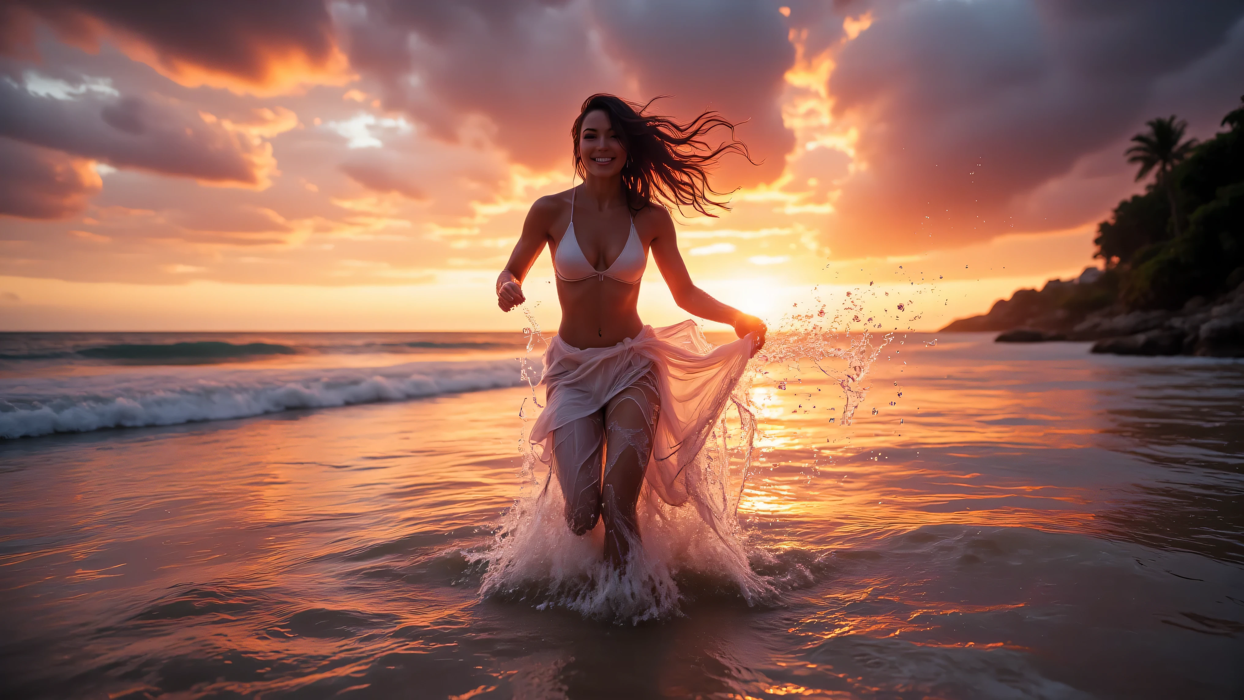 "A cheerful dancer splashing in the sea, Brazos extendidos, cuerpo completo en movimiento. Shot with a Sony a7R IV camera and a 16-35mm wide-angle lens, Uso de la luz natural para colores vivos y detalles. La imagen ultra detallada captura el pico de un salto con agua congelada en el tiempo. 3:2 Aspect ratio, Size 750px.»